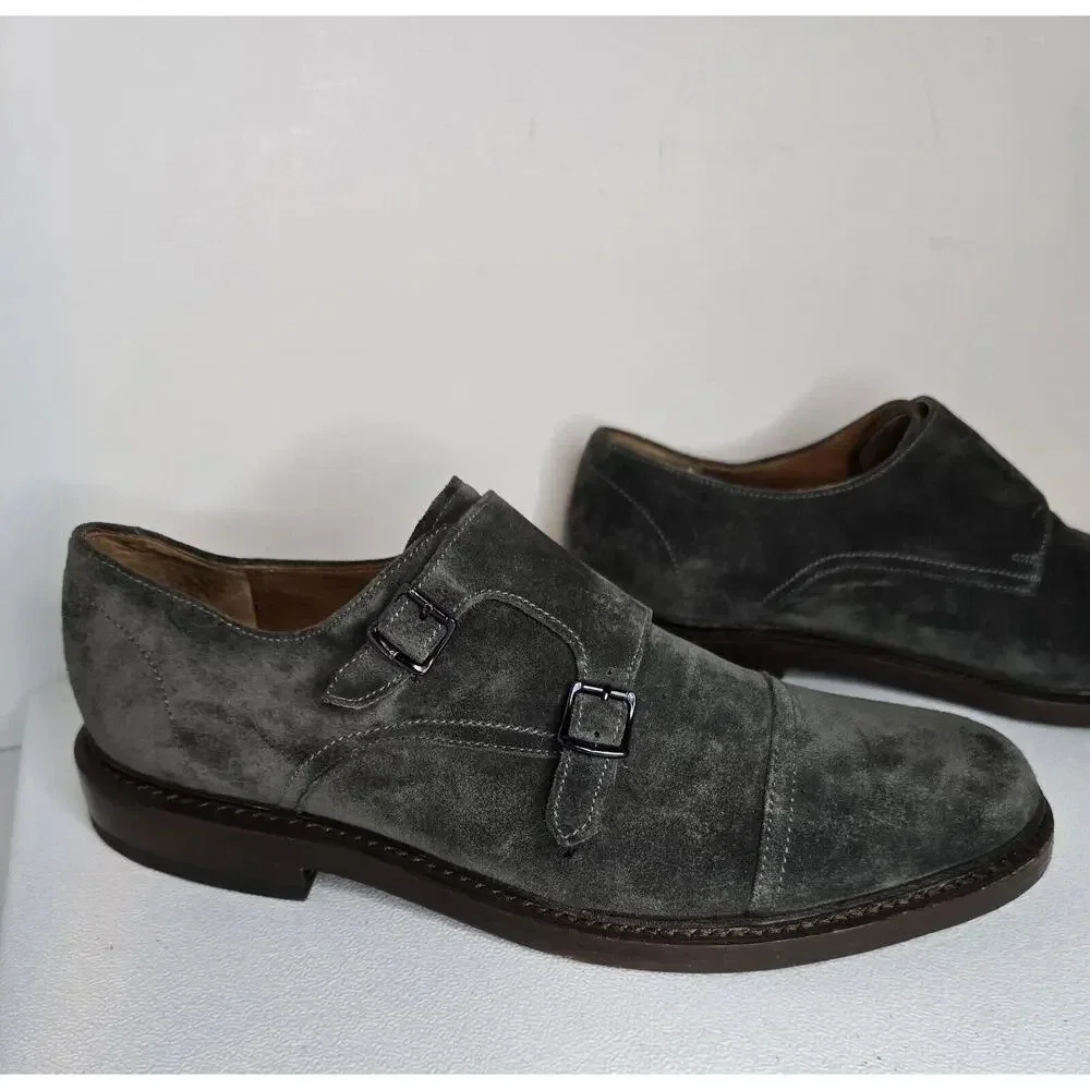 Men Frye James Double Monk Strap Loafers 81123 Sz 8.5 D Gray Suede Cap Toe Shoes